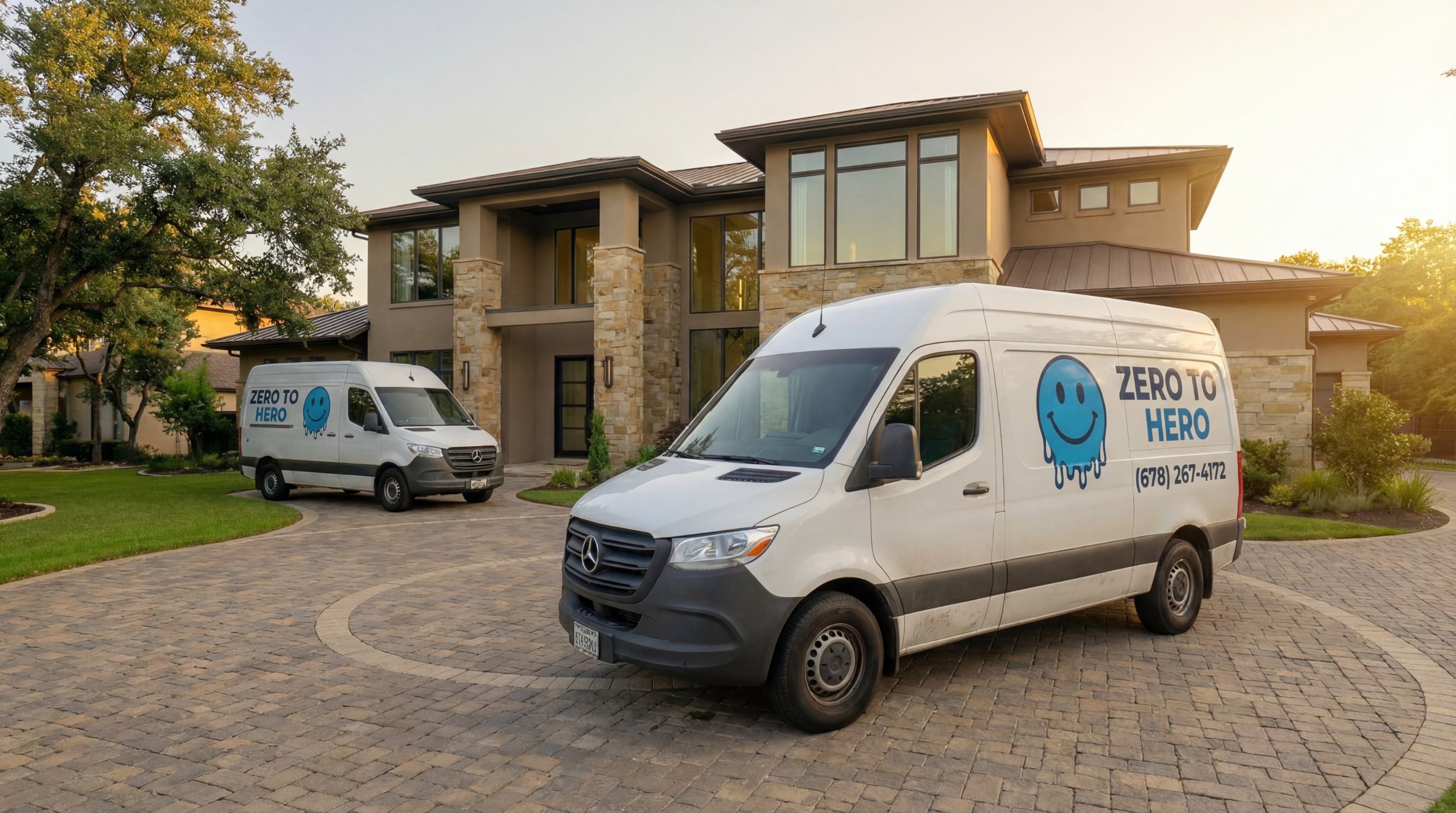 Zero To Hero service vans at luxury home